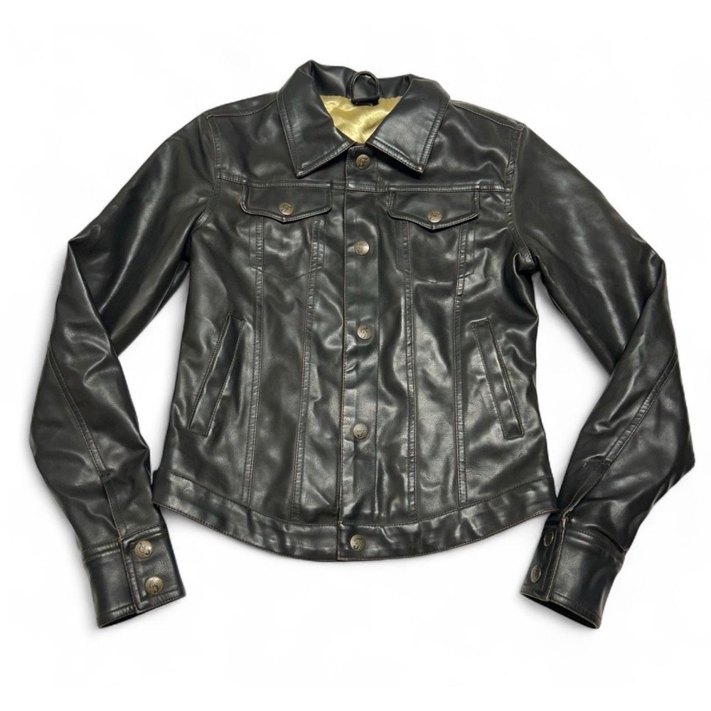 FUBU Ladies Collection Vintage Black Faux Leather Trucker Jacket Gold Lining M